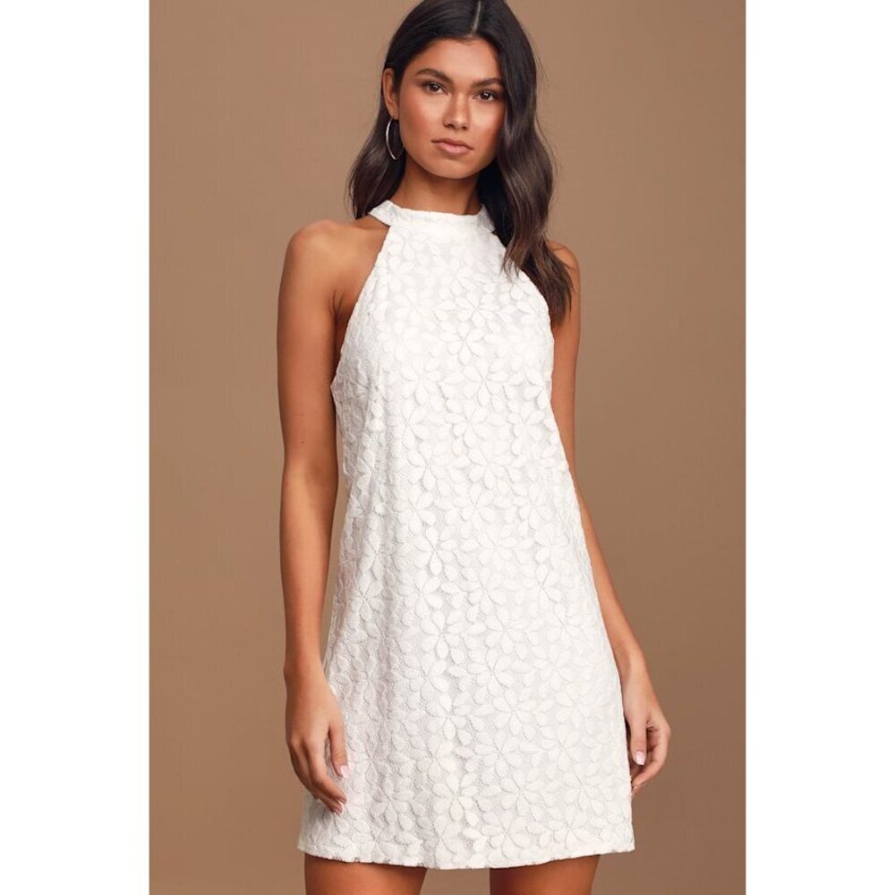 Lulus All My Adoration White Lace Halter Shift Dress - Size L